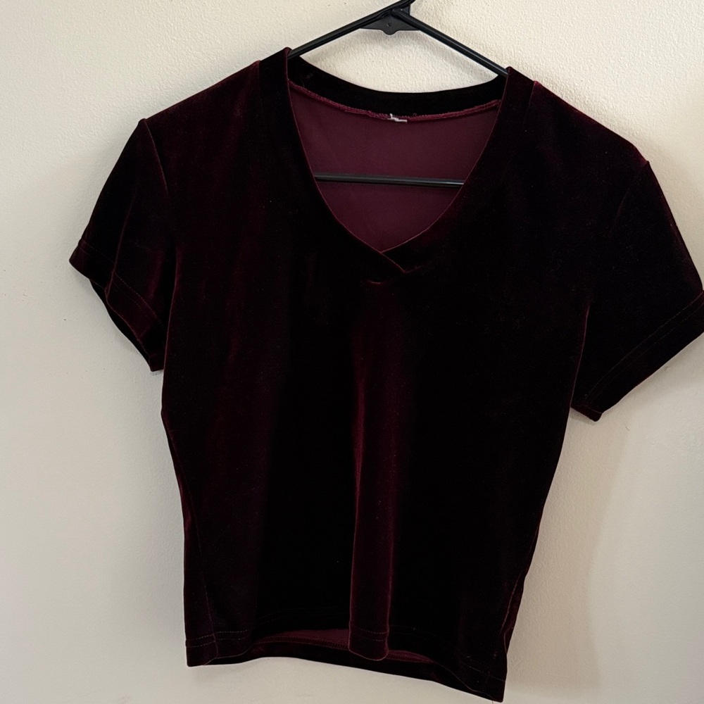 Velvet V-Neck Short Sleeve Top - Burgundy